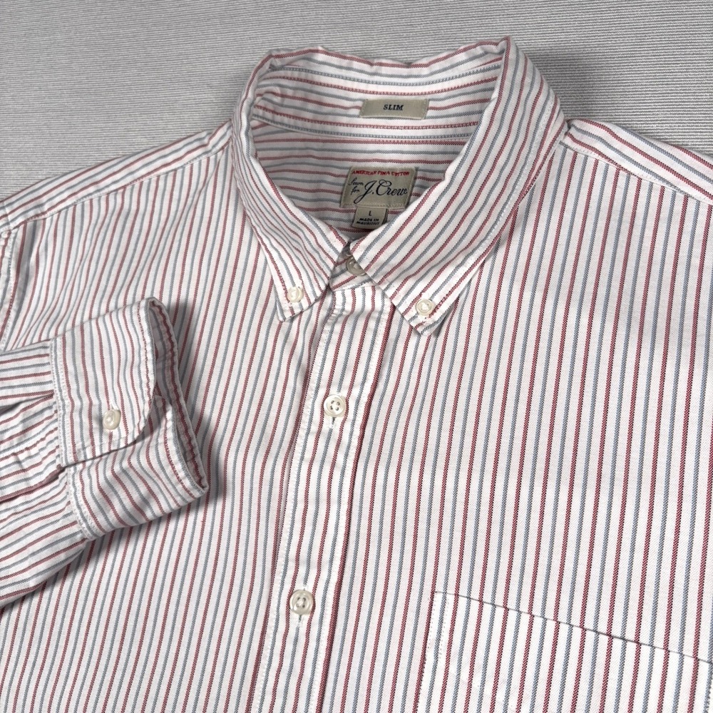J Crew American Pima Cotton Slim Fit Shirt Mens Size L Blue Red Striped LS BD